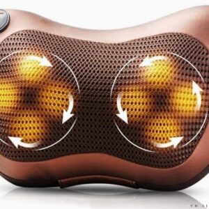 Imagen principal de la almohada de masaje para hogar y vehiculo 4 cabezales giratorios de color marron mostrando los cuatro nodos iluminados con calor y flechas de rotacion