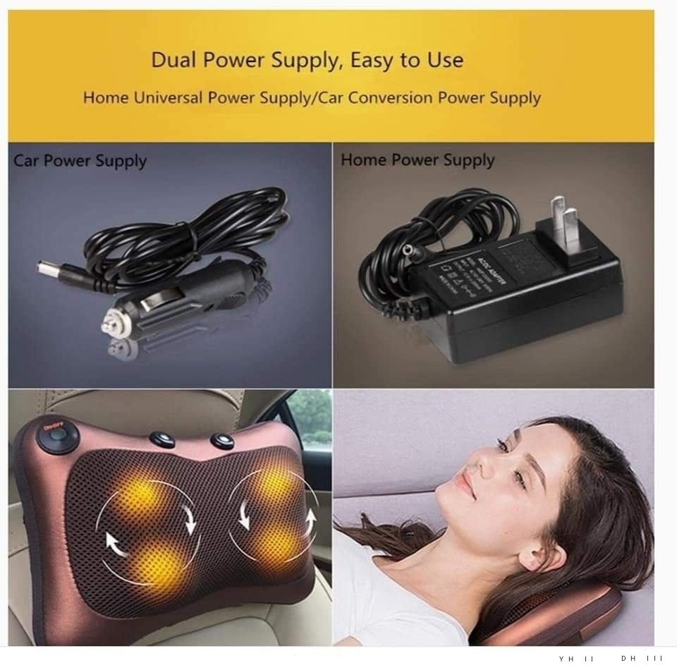 Doble Alimentación Almohada Masaje Coche y Casa 🔌🚘 Infografia de la almohada de masaje para hogar y vehiculo 4 cabezales giratorios mostrando el adaptador para mechero de coche el cargador de pared y una mujer usandolo