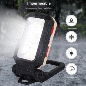 Imagen principal de la linterna multifuncional portatil usb working lamp w589b imantada mostrando resistencia al agua nieve sol y viento con gotas de lluvia