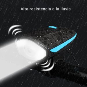 Imagen principal de la linterna led para bicicleta con claxon impermeable recargable encendida con luz potente blanca bajo una fuerte lluvia nocturna