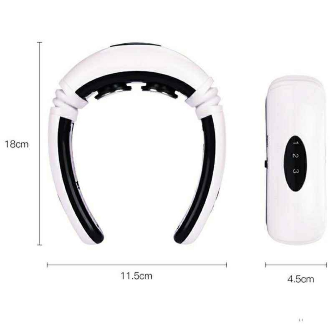 Medidas Oficiales Masajeador Cervical HX-5880 📐 Diagrama tecnico con las dimensiones del masajeador cervical electrodos magneticos hx 5880 impulsos electricos marcando dieciocho centimetros de alto once coma cinco de ancho y cuatro coma cinco para el mando