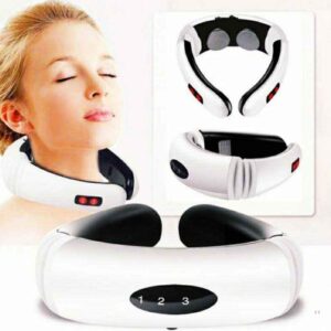 Imagen principal del masajeador cervical electrodos magneticos hx 5880 impulsos electricos mostrando a una modelo usandolo junto a vistas en detalle del dispositivo y los parches externos TENS