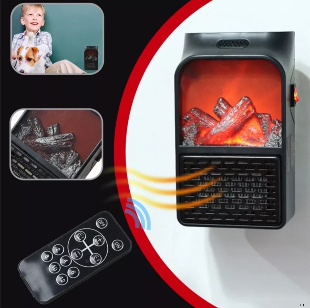 Mini Calefactor Eléctrico 900W Portátil con Control Remoto 🎛️ Infografia del mini calefactor electrico 900w portatil con pantalla simulador hoguera emitiendo ondas de calor junto a su mando a distancia y detalles de uso seguro con mascotas