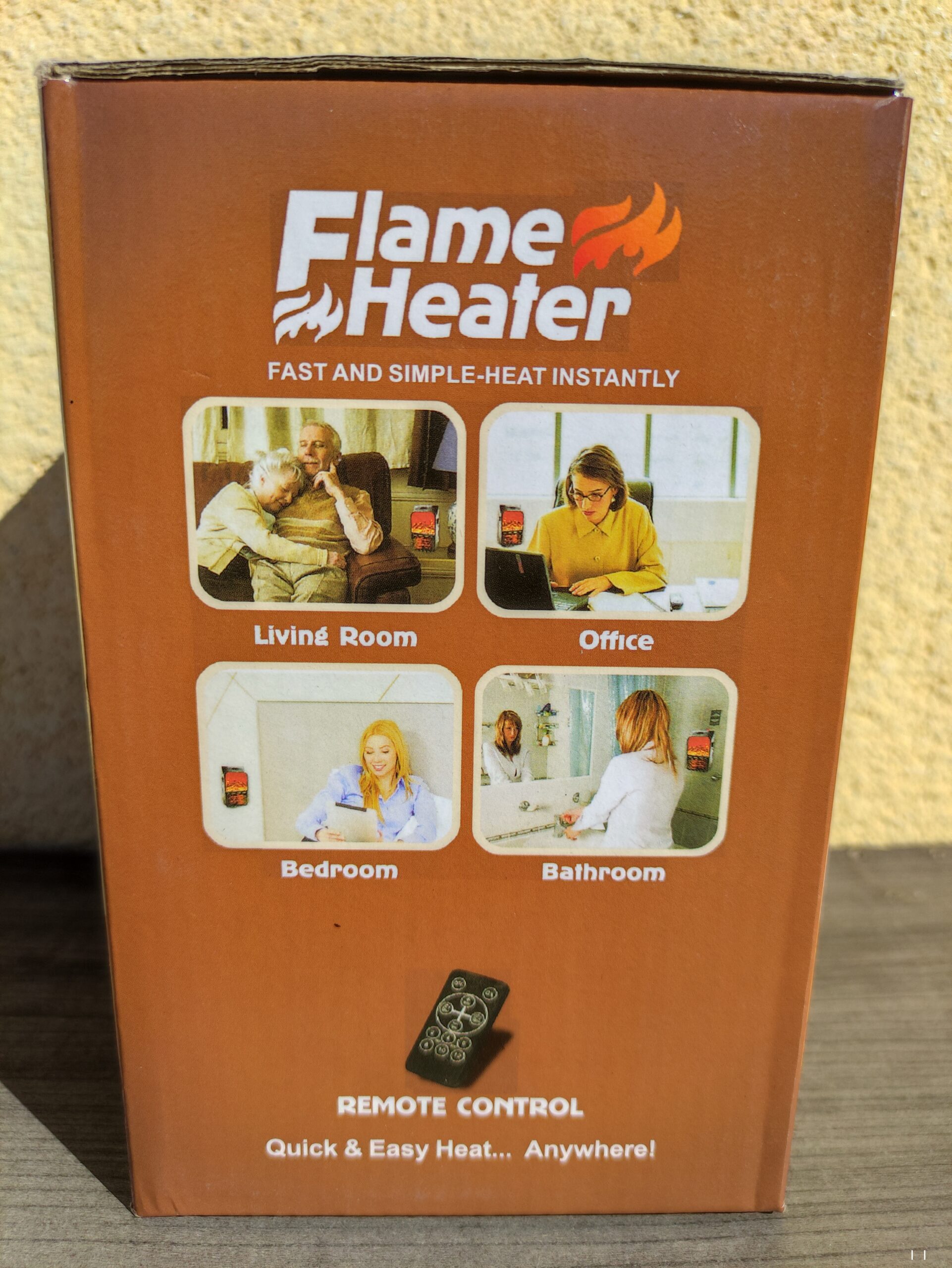 Mini Calefactor Eléctrico 900W Portátil Multiestancia 🏠 Parte trasera de la caja del mini calefactor electrico 900w portatil con pantalla simulador hoguera mostrando su uso en salon oficina dormitorio y baño