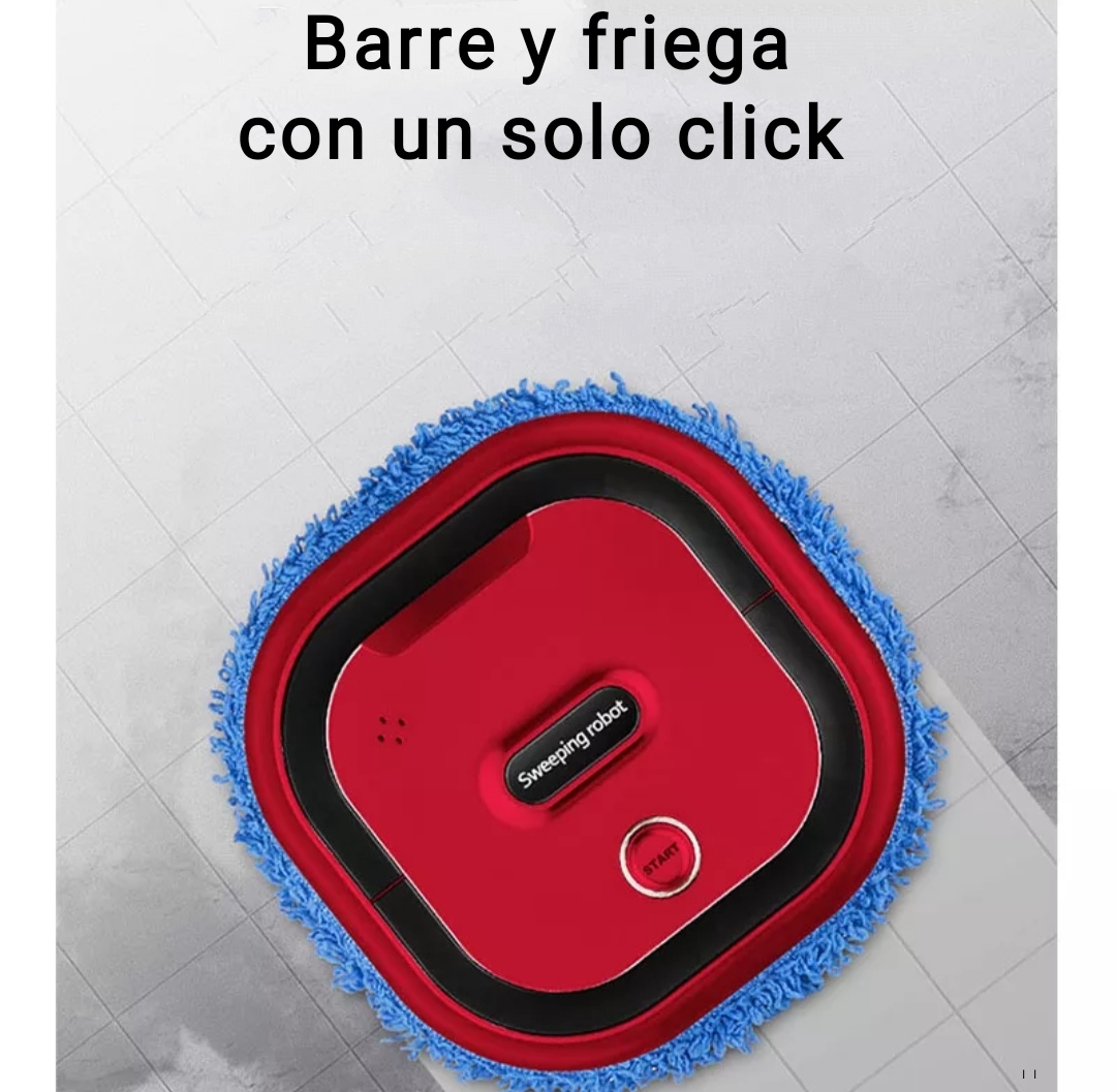 Robot Inteligente de Limpieza 2 en 1 Barre y Friega Un Clic 🔴 Vista cenital del robot inteligente de limpieza 2 en 1 barre y friega andowl en color rojo brillante sobre suelo de baldosas con mopa azul