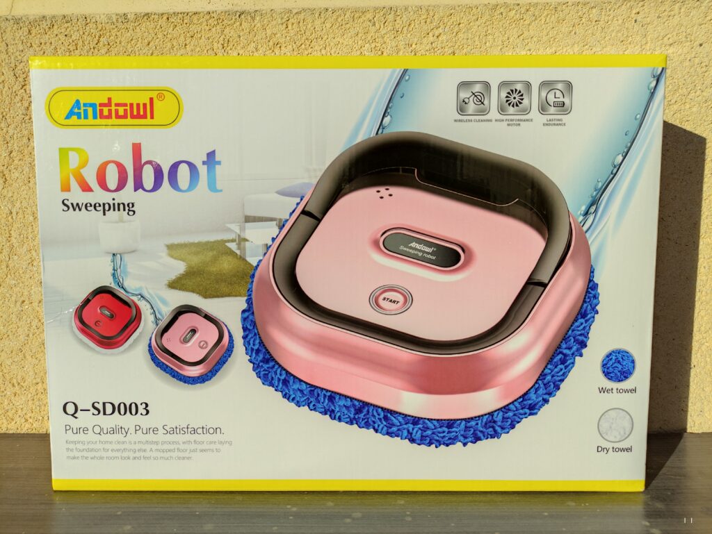 Robot Inteligente de Limpieza 2 en 1 Barre y Friega Caja Rosa 🌸 Caja de presentacion del robot inteligente de limpieza 2 en 1 barre y friega andowl q-sd003 destacando el color oro rosa