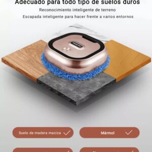 Muestra de cuatro tipos de suelos duros madera marmol baldosas ceramicas y compuesto con el robot inteligente de limpieza encima