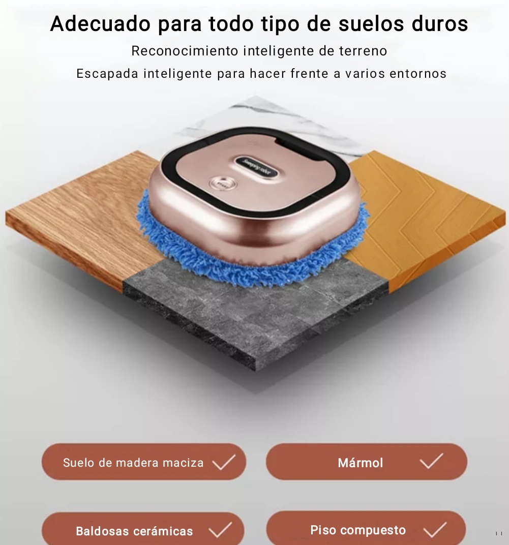 Robot Inteligente de Limpieza 2 en 1 Barre y Friega Superficies 🏠 Muestra de cuatro tipos de suelos duros madera marmol baldosas ceramicas y compuesto con el robot inteligente de limpieza encima