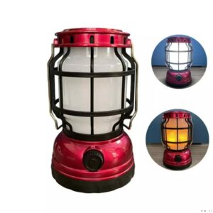 Lampara camping multifuncion portatil solar y recargable 2 modos luces con carcasa metalizada roja y circulos mostrando luz blanca y luz calida