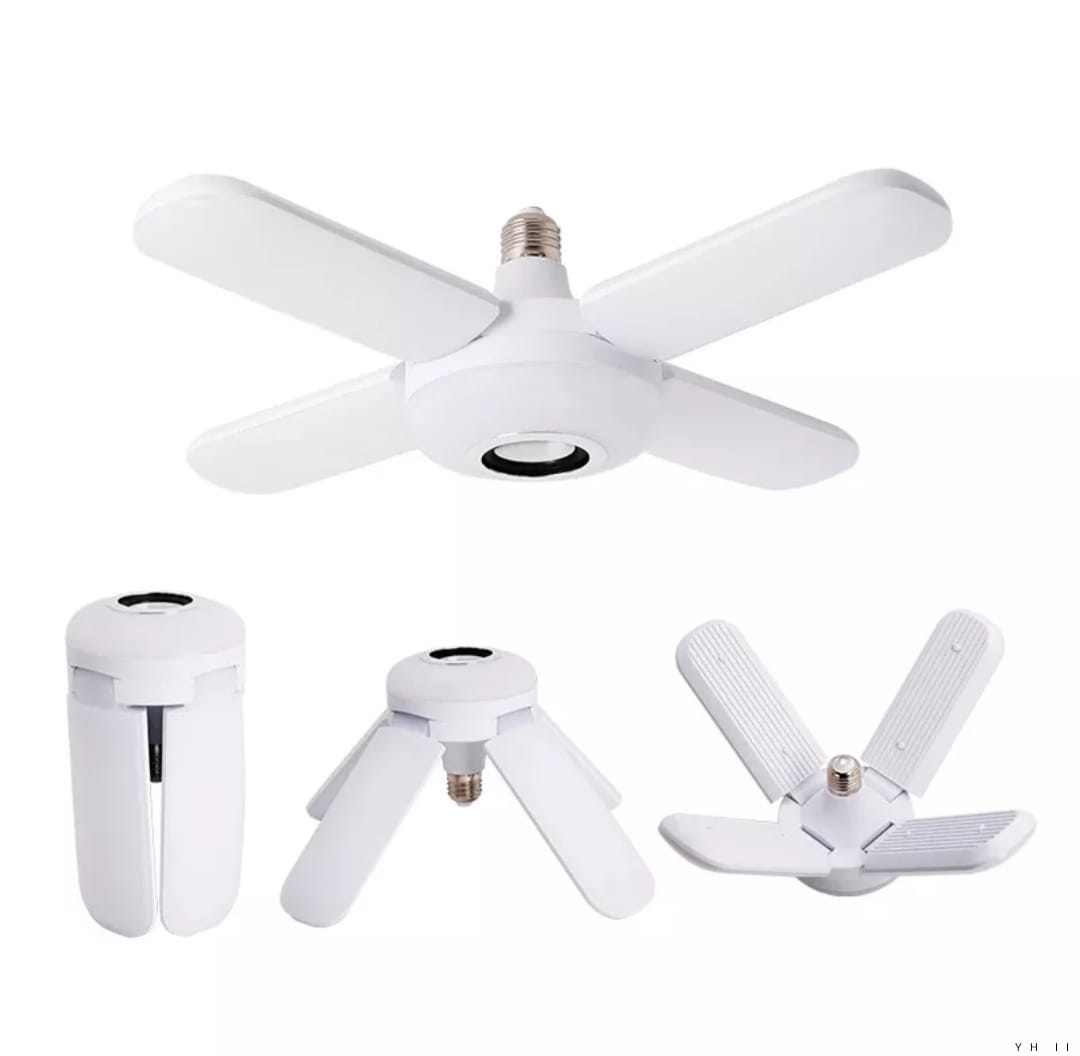 Lámpara LED Plegable RGB con Control Remoto y Altavoz Incorporado Ángulos 🔄 Cuatro vistas de la lampara led plegable rgb con control remoto y altavoz incorporado mostrando los diferentes angulos y plegados de sus aspas ajustables