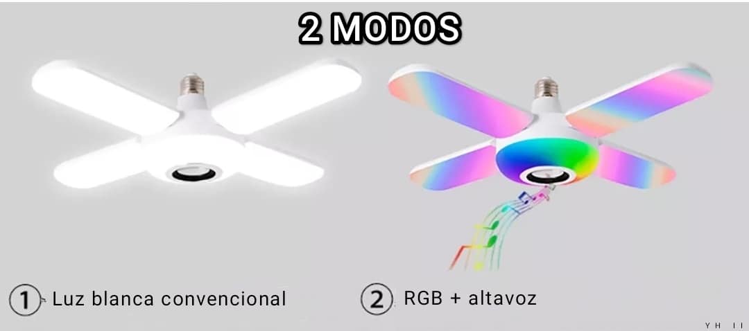 Lámpara LED Plegable RGB con Control Remoto y Altavoz Incorporado Dos Modos 💡 Comparativa de dos modos de la lampara led plegable rgb con control remoto y altavoz incorporado mostrando luz blanca convencional y modo rgb con musica