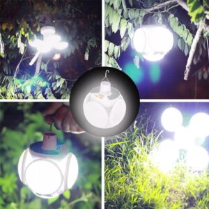 Collage de la lampara solar plegable portatil iluminando en exteriores colgada de una rama sostenida por una mano y desplegada sobre el césped