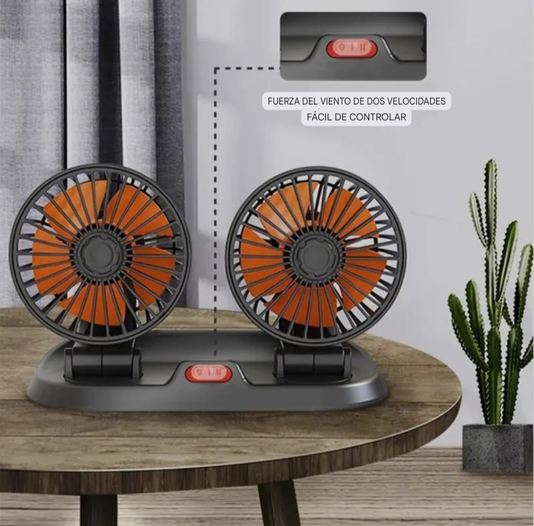 Cabezales Orientables con Rotacion de 360 Grados 🔄 Detalle de la orientacion independiente de los dos cabezales del ventilador de coche de doce voltios