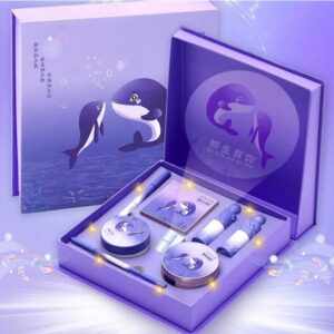 Estuche abierto con forma de ballena del set maquillaje ballena 7 piezas con aplicadores y sombras de colores