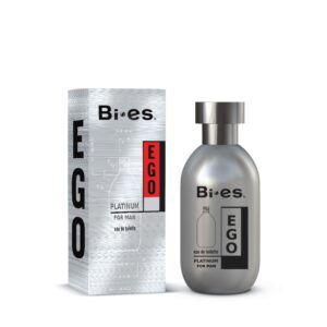 Frasco de lineas puras del perfume ego platinum bies junto a su estuche de diseño premium plateado