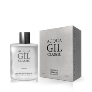 Frasco de vidrio cristalino transparente del perfume acqua gil classic junto a su caja de diseño marino clasico