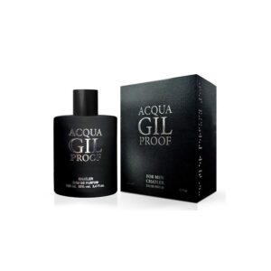 Frasco de vidrio premium del perfume acqua gil chatler junto a su estuche de diseño marinero elegante