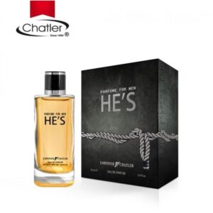 Frasco de diseño moderno del perfume hes empower chatler junto a su estuche de alta perfumeria