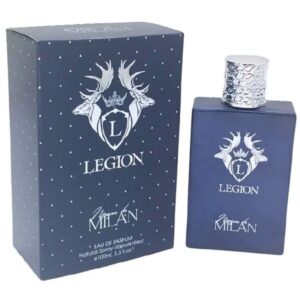 Frasco de vidrio premium del perfume legion maison milan junto a su caja de diseño italiano sofisticado