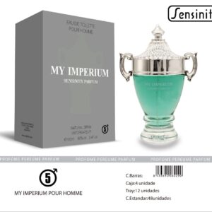 Frasco de vidrio robusto del perfume my imperium homme junto a su estuche de diseño lujoso y elegante