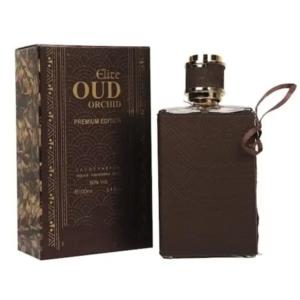Frasco rectangular revestido de cuero marron del perfume oud orchid premium junto a su caja con detalles dorados