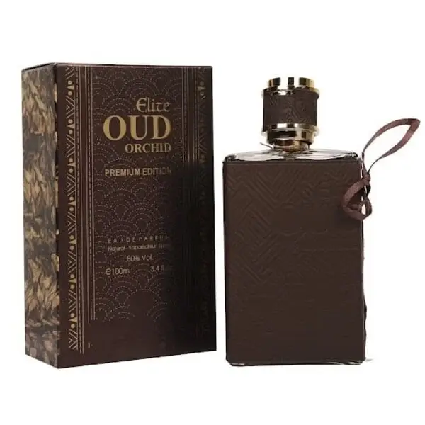 Perfume OUD Orchid Premium Edition 100ML 🪔 Frasco rectangular revestido de cuero marron del perfume oud orchid premium junto a su caja con detalles dorados