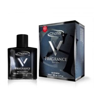 Frasco de diseño elegante del perfume v fragance chatler junto a su estuche de alta perfumeria
