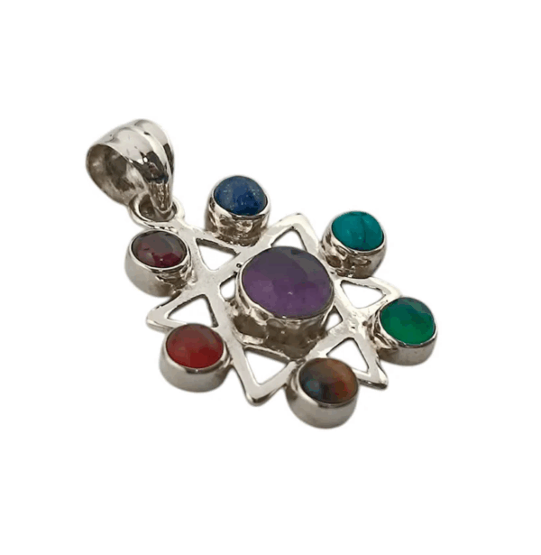 Joya espiritual: colgante de Estrella de David en plata de ley, con los 7 chakras de colores, lado lateral.