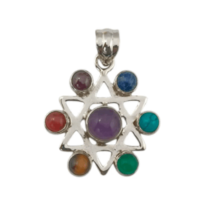 Joya espiritual: colgante de Estrella de David en plata de ley, con los 7 chakras de colores.