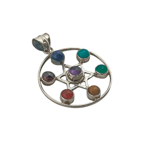 Joya espiritual: colgante de Estrella de David en plata de ley, con los chakras de colores, lado lateral.