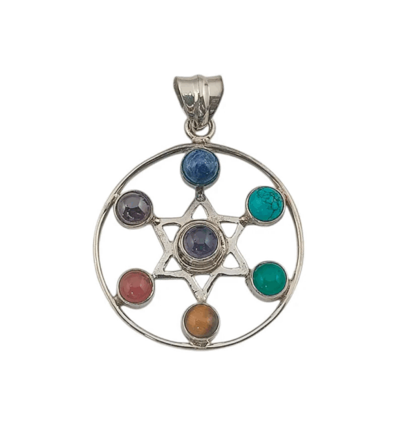 Joya espiritual: colgante de Estrella de David en plata de ley, con los chakras de colores.