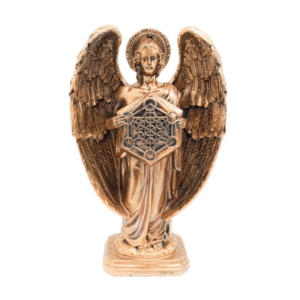 Estatua del Arcángel Metatrón, símbolo de geometría sagrada, en resina color bronce.