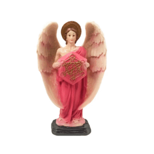 Estatua del Arcángel Metatrón, símbolo de geometría sagrada, en resina rosa.