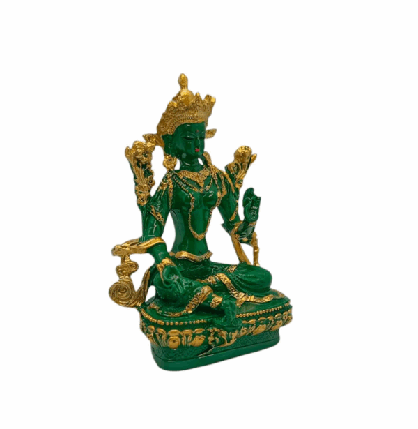 Estatua de Tara Verde de resina, un símbolo de la compasión, la protección y la sabiduría, lado lateral.
