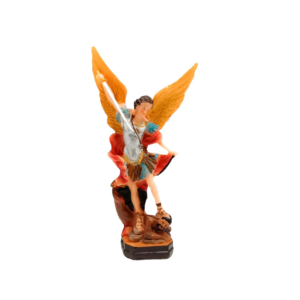 Figura del Arcángel San Miguel de resina en color derrotando al demonio