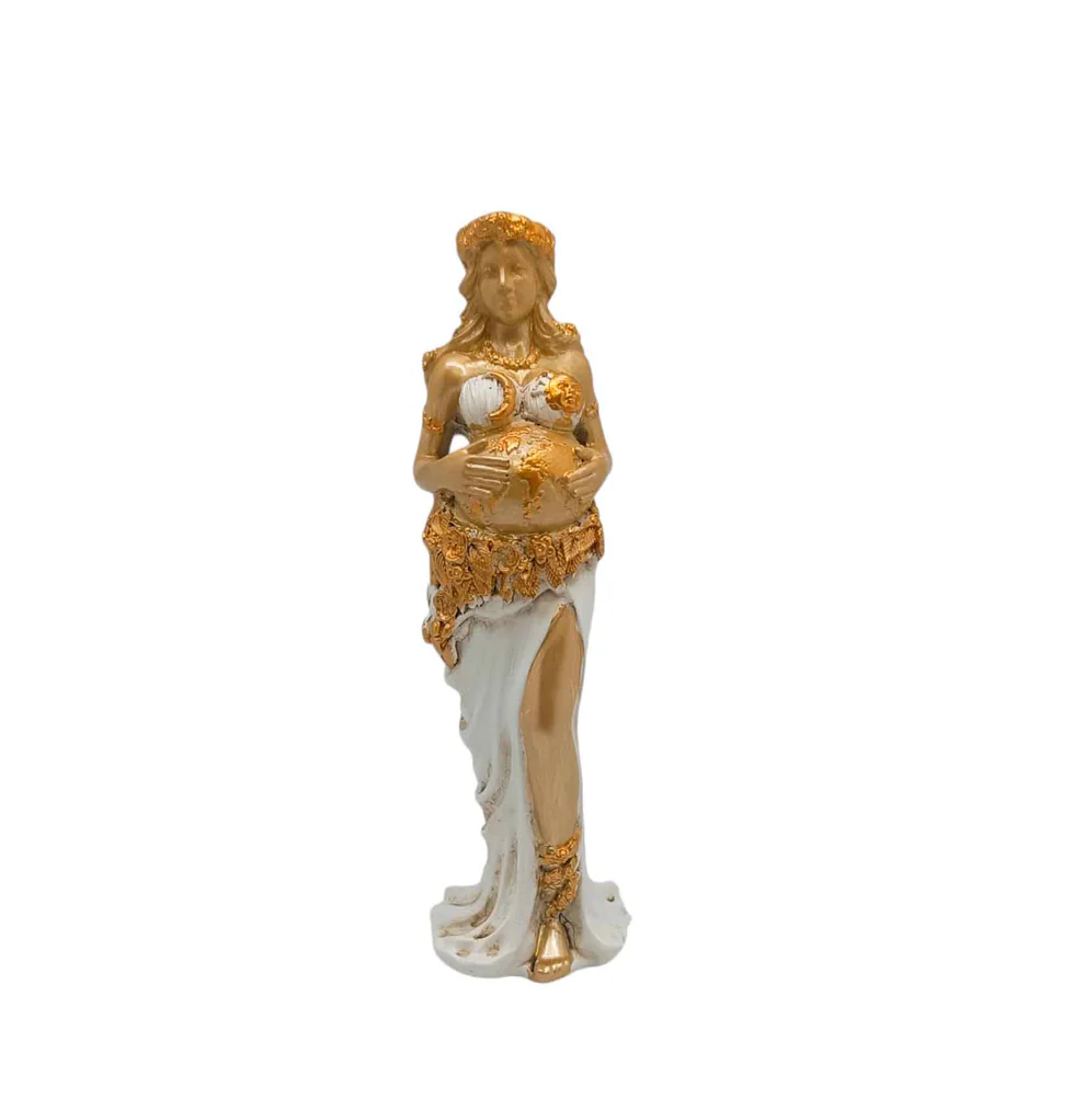Figura de Resina Madre Tierra 18cm Blanco 🌱 Figura de la Madre Tierra Gaia en resina color blanco y dorado sosteniendo el vientre del mundo