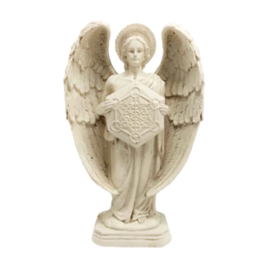 figura arcangel metatron de resina color blanco sosteniendo el Cubo místico