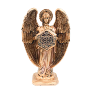 figura metatron bronce de resina con alas abiertas sosteniendo el cubo de geometria sagrada