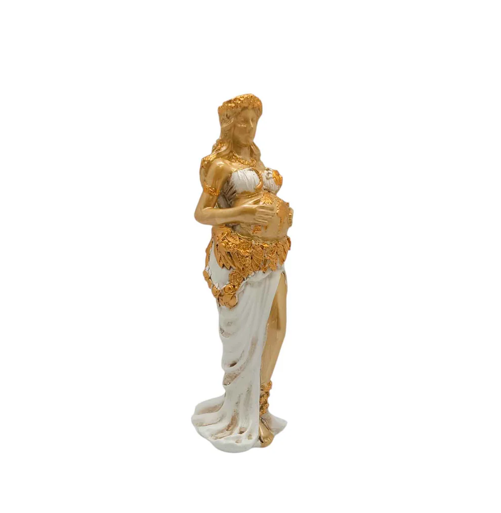 Madre Tierra Figura Decoración Mística ✨ Detalle de perfil de la estatua de la Madre Tierra de resina con acabados dorados y vientre de mapamundi