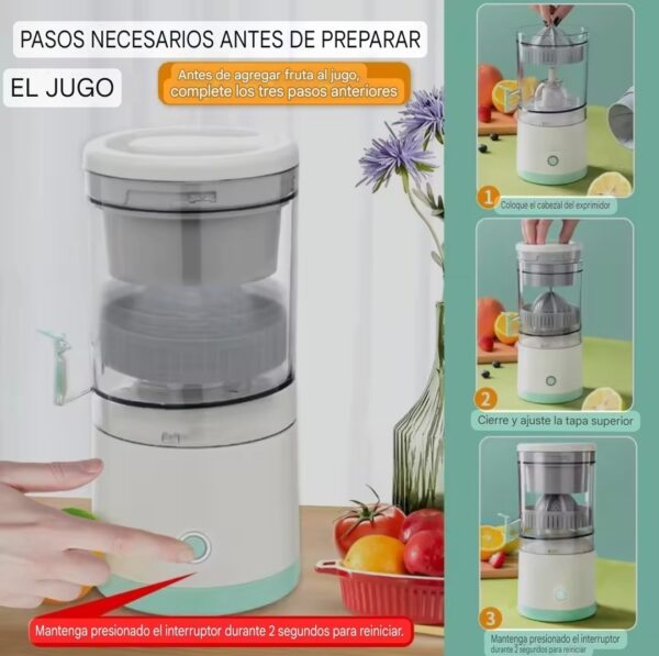 Exprimidor de zumo eléctrico, ideal para limones y naranjas, portátil y recargable, pasos para preparación.