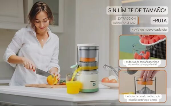 Exprimidor de zumo eléctrico, ideal para limones y naranjas, portátil y recargable, modo de uso.