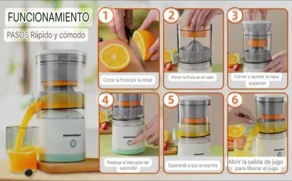 Exprimidor de zumo eléctrico, ideal para limones y naranjas, portátil y recargable, modo de empleo.