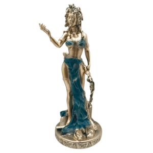 Estatua de la mitológica Medusa para decoración, en resina azul.