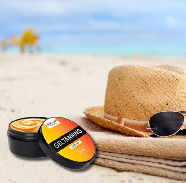 Gel autobronceador para un bronceado natural y duradero, marca Look Look Cosmetics, fondo con crema.