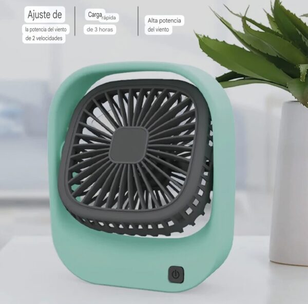 Ventilador portátil recargable por USB para escritorio, modelo PBP-774, modelo azul otro lado lateral.