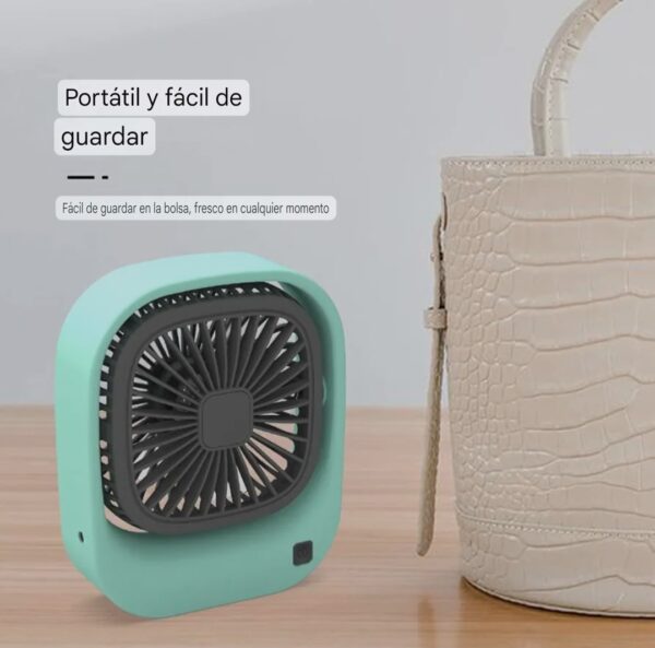 Ventilador portátil recargable por USB para escritorio, modelo PBP-774, modelo azul lado lateral.