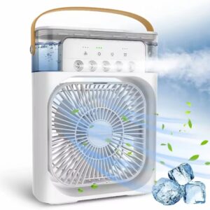 Enfriador de aire por evaporación y humidificador, ventilador portátil con luz LED.