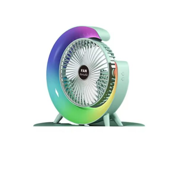 Ventilador de mesa recargable, modelo F13 con luz LED de ambiente, fondo blanco.