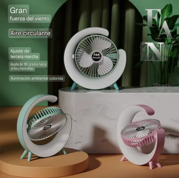 Ventilador de mesa recargable, modelo F13 con luz LED de ambiente, 3 modelos funcionando.