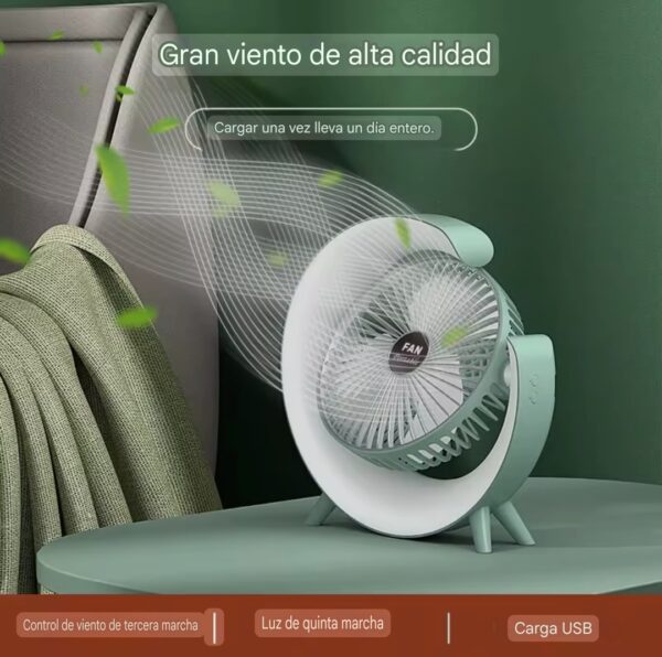 Ventilador de mesa recargable, modelo F13 con luz LED de ambiente, aire.